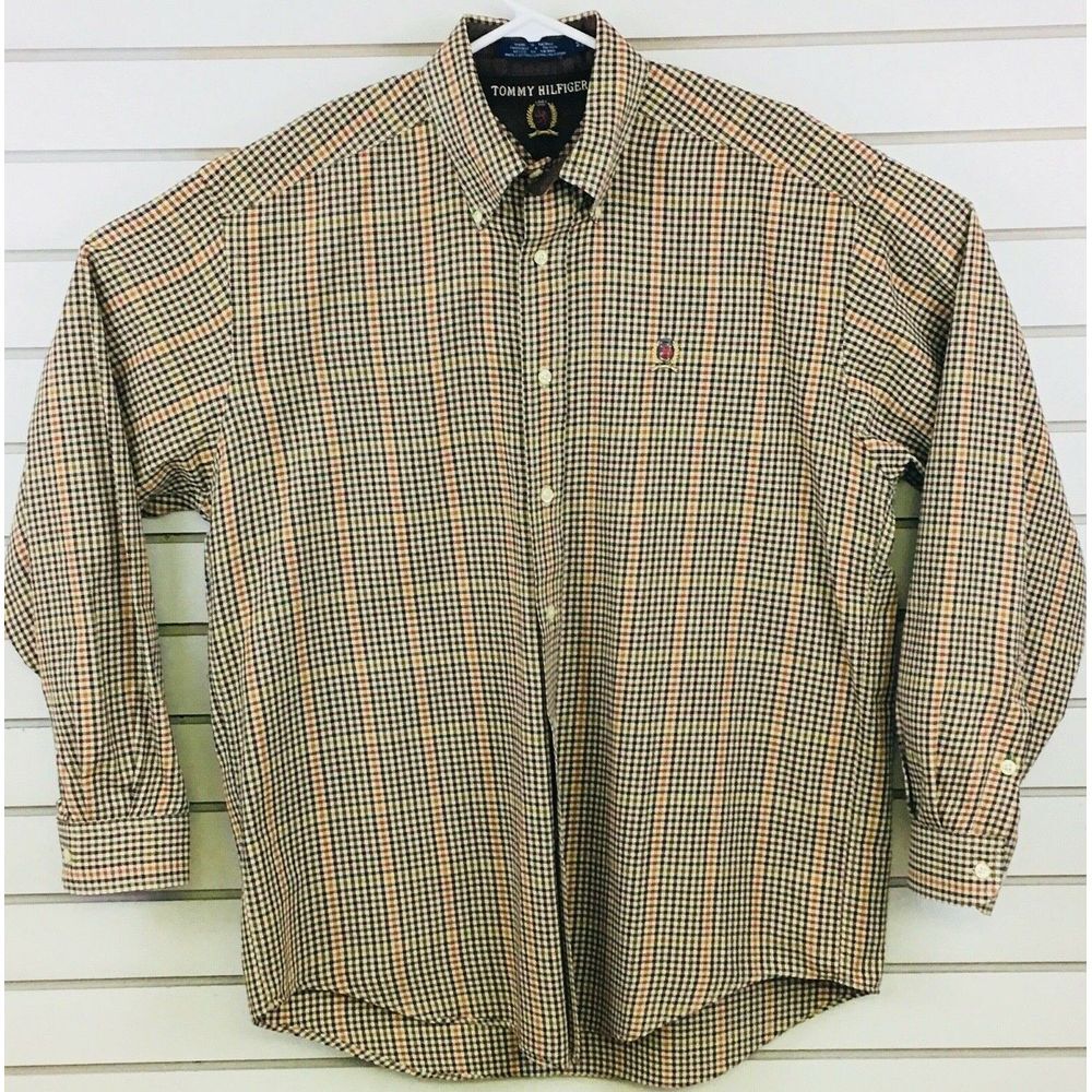 Mens M Tommy Hilfiger Shirt Button Down Tan Orange Green Check Crest Long Sleeve